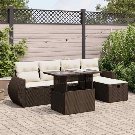 Canapé d'extérieur 6 places modulable résine tressée marron avec 2 coins rangement intégré tabouret table verre et 9 coussins (1/5)