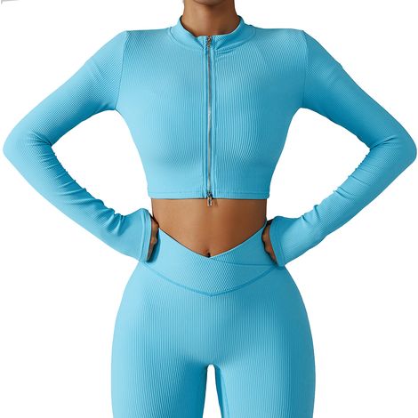 Veste D'Entrainement - Coupe Courte - Fermetures Éclair Doubles - Matière Chinlon Élastique - Pour Femme - Taille L - Bleu (1/5)