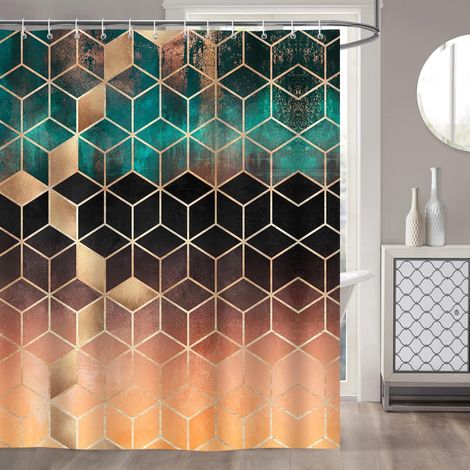 JSSEVN - Geometric Green Marble Shower Curtain 180 x 180 cm Polyester Fabric Shower Curtain, Anti-Mold, Waterproof, Washable Bathroom Curtain with 12 Rings/Hooks for Bathtub (1/4)