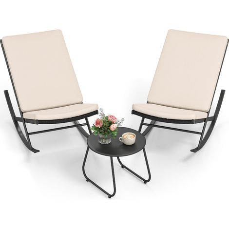 Set sedie a dondolo da 3 pezzi in rattan PE con tavolino da caffè e cuscini spessi, Set di mobili da giardino Beige (1/4)
