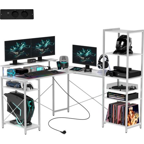 Bureau d'angle en L avec station de recharge, support pour écran et étagères, idéal pour le télétravail ou le bureau, blanc. (1/5)