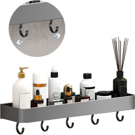 Étagères de rangement murales pour salle de bain, en aluminium, avec crochet. Étagère flottante grise de 30 cm de hauteur, à un seul niveau. (1/5)