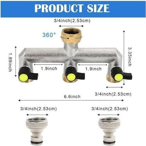 Robinet Distributeur 3 Voies, d'eau Voies 3/4, Adaptateur Tuyau Arrosage, Connecteur pour Régler et Fermer le Débit d'eau, Répartiteur voies, Maison, Jardin Fr-3 - (1/5)