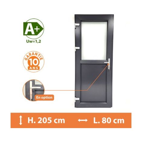 Direct Fenêtres – Porte de service PVC 1/2 vitrée – Gris anthracite RAL 7016 – H.205 x l.80 cm – Isolation thermique optimale A – Vitrage feuilleté retardateur d’effraction