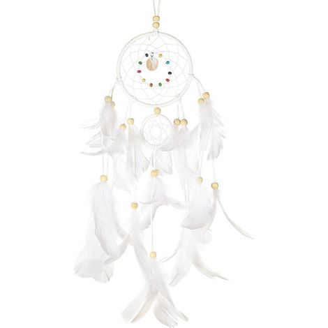 Attrape-rêves en plumes blanches, coquillages et perles colorées, ornement artisanal bohème pour voiture ou maison, décoration porte-bonheur, fait main, taille unique (1/5)
