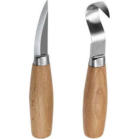 2 Pièces Couteau à Crochet de Sculpture sur Bois, Outils de Couteau à Découper à la Cuillère pour les Sculpteurs de Cuillères Professionnels et les Débutants, Couteau à Crochet pour Droitier e (1/4)