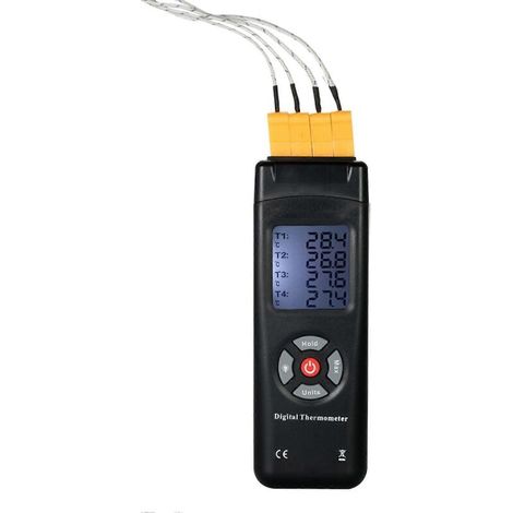 Crezuo 4-Kanal-Digitalthermometer Typ K mit LCD-Anzeige, Thermoelementsensor, -50 bis 1350 °C / -58 bis 2462 °F, Datenhaltefunktion
