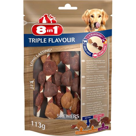 Spiedini Triple Flavour taglia XS con triplo gusto pollo, manzo e maiale - OFFERTA RISPARMIO 6 confezioni da 113 cad