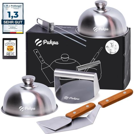 Kit Smash Burger 6 Pièces Bois - Presse Hamburger, 2 Spatules INOX, 2 Cloches Fromage et Brochette (1/5)