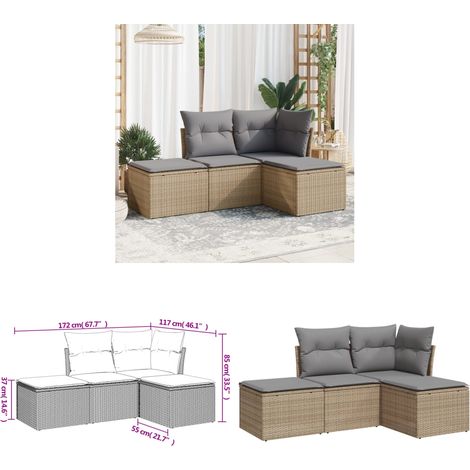 Salon de jardin avec coussins 4 pcs beige résine tressée - Canapé De Jardin - Salon De Jardin - Mobilier Extérieur - Résine Tressée - Polyrotin - Home & Living (1/3)