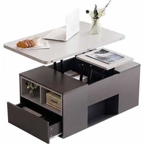 ELVMI Mesa de Centro Elevable con 2 Cajones y Compartimentos Abiertos, Tablero 2 en 1, Salón, Gris, 100 x 51 x 47 cm (1/5)