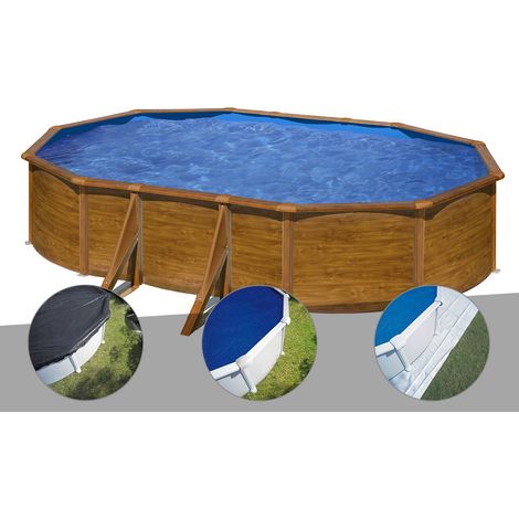 Kit piscine acier aspect bois Gré Pacific ovale 6,34 x 3,99 x 1,22 m + Bâche d'hivernage + Bâche à bulles + Tapis de sol