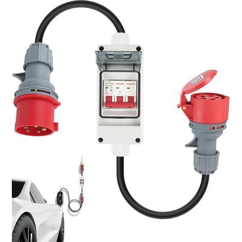 Adaptateur CEE 32A vers 16A, classe de protection IP44, prise adaptateur secteur CEE avec disjoncteur, prise haute tension, câble d'extension CEE avec adaptateur et prise haute tension (32A vers 16A). (1/5)