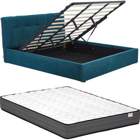 Lit coffre 180 x 200 cm - Tissu bouclette - Bleu canard + Matelas - MAZIRI (1/5)
