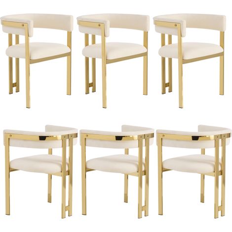 4 sillas de comedor de chenilla beige con patas de metal dorado, estilo moderno (1/5)