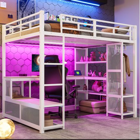 Letto a soppalco moderno 140x200 cm in metallo e MDF bianco con scrivania, ripiani, armadio aperto, USB e LED (1/5)
