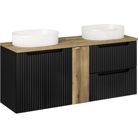 Ensemble meuble salle de bain 140cm NOVA suspendu – Double vasque ovale blanche avec plan et rangements-Noir/Naturel (1/5)
