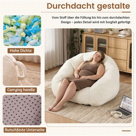 Pouf fauteuil adulte, siège lounge moelleux en fausse fourrure crème, conditionné sous vide sans montage, pour salon, chambre, balcon – Grande taille (1/5)