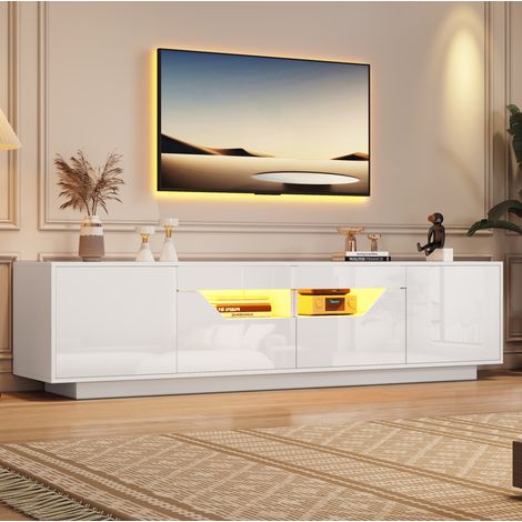 Meuble TV 180x40x45 cm blanc en panneau de particules brillant avec LED et rangements multiples (1/5)