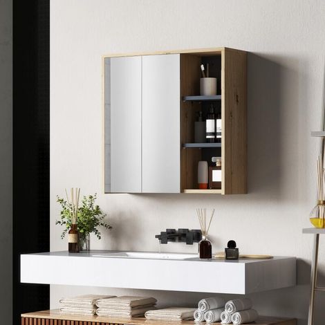 Armoire de salle de bain avec miroir armoire de toilette miroir mural 3 étagères ouverts 60 x 20 x 60 cm bois naturel
