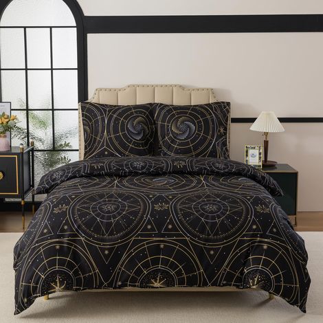 Parure de lit 135x200 2 pièces Housse de couette Noir Or Motif Astrolabe Ensemble de literie 135 x 200 cm et 1 Taie d'oreiller 80x80cm avec Fermeture éclair, Housse de Couette Douce (1/5)