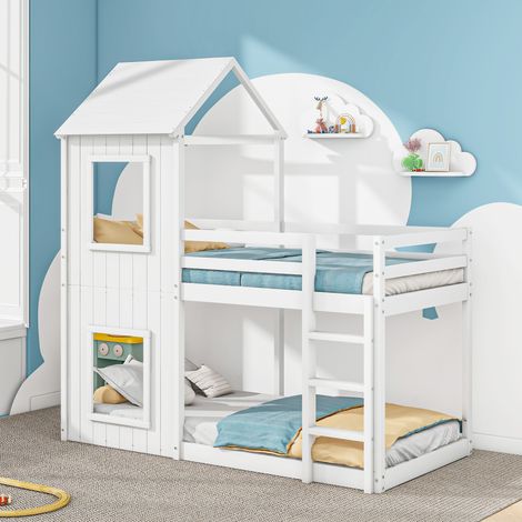 Litera 90x200cm, cama doble infantil, con ventana, pino, sin colchón, blanco (1/5)