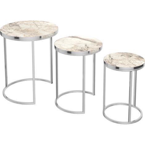 Set de 3 tables d'appoint rondes gigognes marbre blanc argent (1/4)