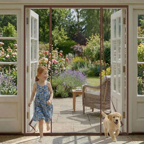 Moustiquaire Porte Fenetre 210x200cm Aimantée à Double Ouverture Latérale \u2013 Rideau Anti-Mouches et Moustiques avec Maille Très Dense, Idéal pour Porte de Balcon et Terrasse (Marron)