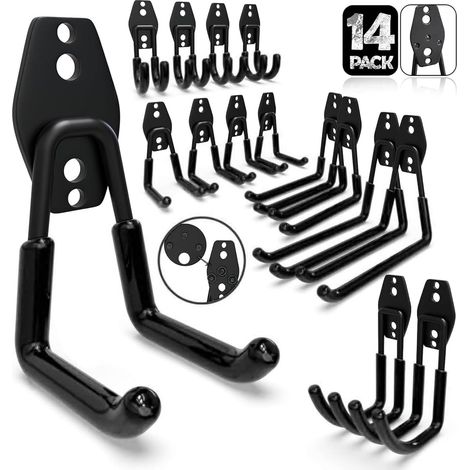 3-H Crochet Mural Garage 14pcs, Porte Outils Mural pour Rangement Atelier Jardin, Crochet Muraux en Acier Robuste avec 3 Points de Soudure pour Êchelle,Vélo,Tuyaux,Outil électrique,Noir (1/5)