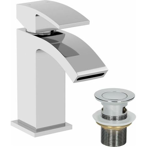 lavabo moderne à une vasque, robinet mitigeur, bonde à fente, bec courbé, finition chromée, salle de bain (1/4)