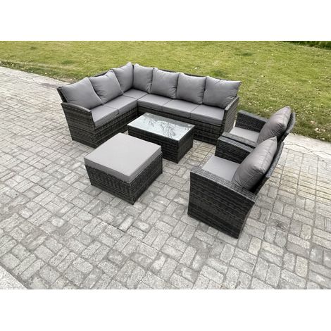 Fimous 9 Seater Rattan Garden Furniture Sets High Back Corner Sofa Rectangular Coffee Table Set with Big Footstool 2 Armchairs Dark Grey Mixed