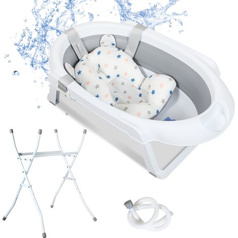 SWANEW Vasca da bagno per bambini con telaio con portata di 10 kg - Vasca da bagno per bambini pieghevole con cuscino per il bagno, grigio (1/5)