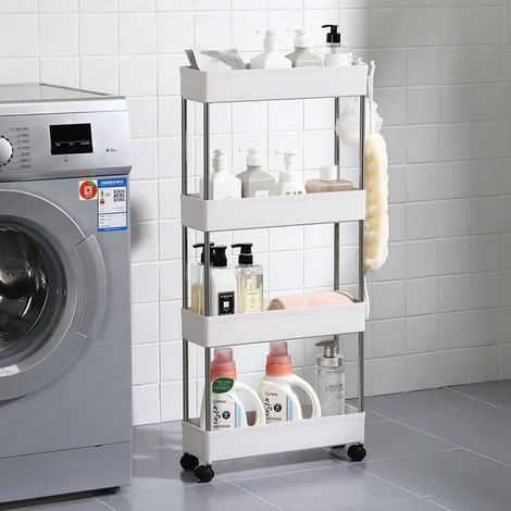 Chariot à roulettes Multi-usages pour Meubles, espaces, étroits, Fin, Confortable, Peu encombrant, Cuisine, Salle de Bain, Bureau, décoration intérieure, 4 étagères, Blanc (40 x 13 x 85 cm) (1/5)