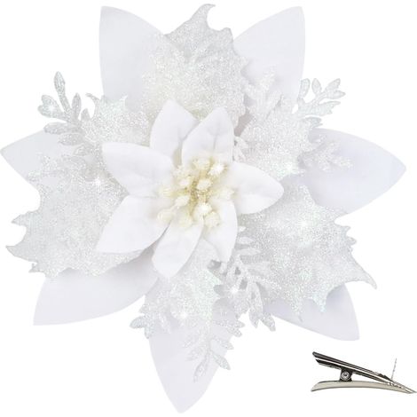 20 Pièces Fleur de Noël pour Sapin avec Clip, Fleurs de Noel Artificielles Glitter, Fleur Poinsettia Noel de Scintillantes pour Guirlande, Couronne, Sapin Noël Décoration (Blanc) (1/5)
