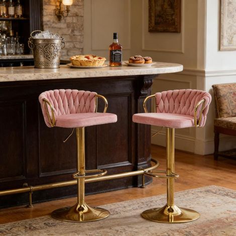 Lot de 2 Tabourets de Bar Pivotants 360° Réglables en Velours Rose avec Dossier et Accoudoirs pour Cuisine et Îlot Central (1/5)