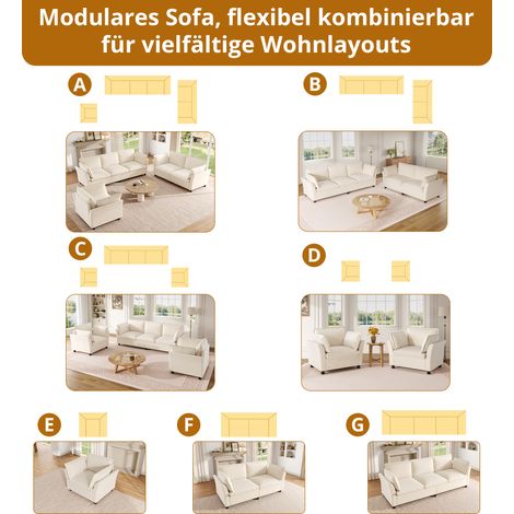 Ensemble canapé 3-2-1, canapé modulable pour salon, combinable à volonté, design moderne, revêtement en tissu chenille, 3 places + 2 places + fauteuil, avec coussins, beige (1/5)