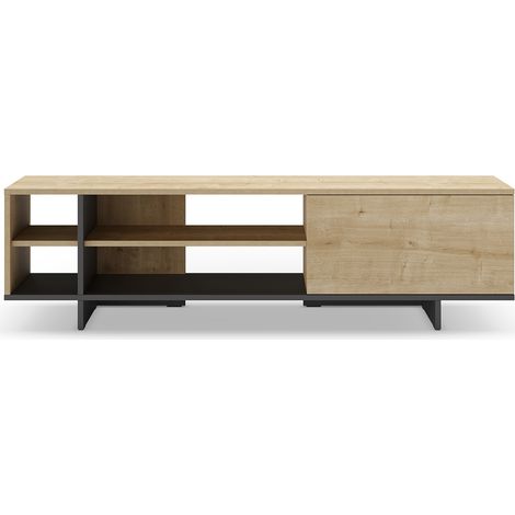 Meuble TV, meuble de salon avec 1 porte et 4 niches aspect bois coloris chêne, noir - Longueur 160 x Profondeur 35,60 x Hauteur 44 cm (1/5)
