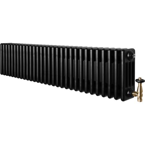 Radiador Horizontal 4 Columnas Negro 300x1370 mm con Válvulas Termostáticas – Radiador Tradicional de Acero, 1519W, Calefacción Eficiente Incluye Soportes, Kit y Cepillo – Garantía 15 Años