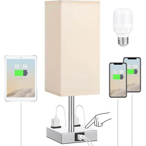 Lampe de chevet tactile LED dimmable 3 niveaux avec ports USB A/C et 2 prises, abat-jour en tissu blanc beige rose vert bleu (1/4)