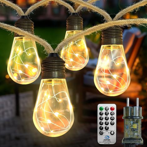 Guirlande lumineuse LED Extérieur et Intérieur, 6M Vintage Guirlande électrique avec corde de chanvre, 20 ampoules LED 8 modes Déco pour jardins Fête Balcon Chambre (1/5)