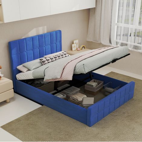Cama 140x200 cm de terciopelo azul con cabecero acolchado y diseño moderno (1/5)