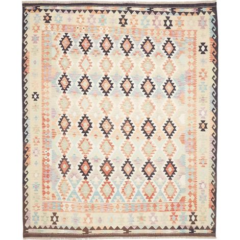 Tapis kilim 255 x 304 cm, motif géométrique, multicolore, crème et orange, en laine naturelle, tissé à plat (1/5)