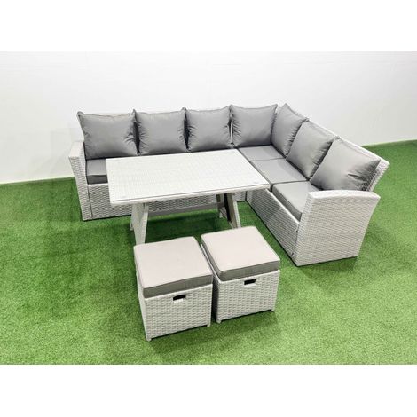Fimous 8 Seater Garden Outdoor Rattan Furniture Set Rattan Corner Sofa Oblong Dining Table Set with 2 Small Footstools Light Grey Mixed (1/4)