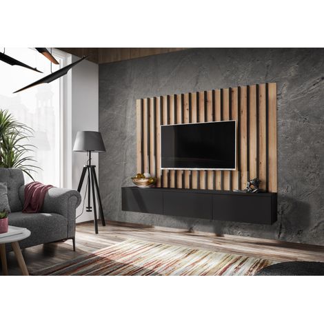 Paris Prix – Ensemble meuble TV 180cm – Panneaux stratifiés noir et naturel – Système d'ouverture push & touch – Finition mate moderne