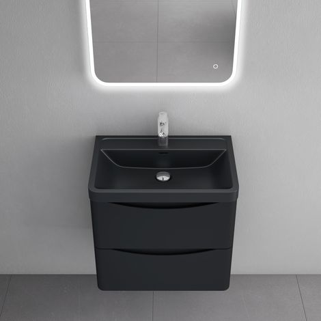 doporro Mobile Bagno Sospeso60x50x42cm, Mobile da Bagno con 2 Cassetti Include Lavabo, Nero opaco, Seria Smile-Lackier (1/5)