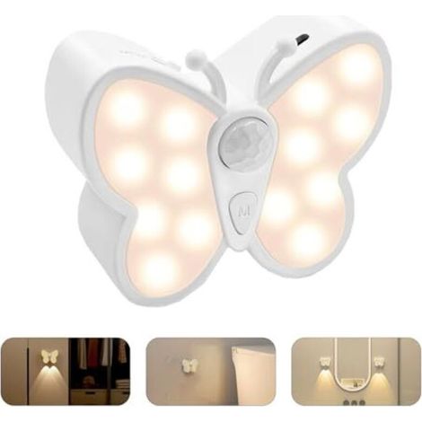 Veilleuse avec détecteur de mouvement, lampe de nuit LED papillon avec spot intégré, rechargeable par USB, intensité variable, éclairage pour placard, escalier, couloir, salle de bain