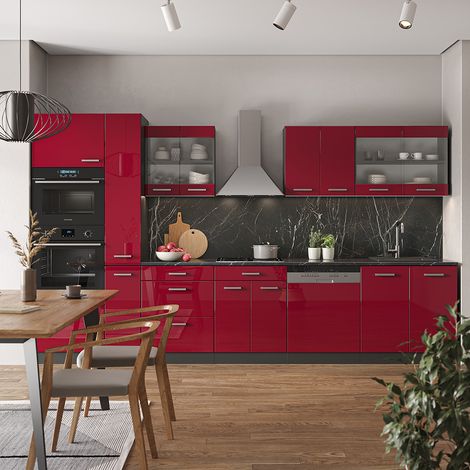 Küchenzeile R-Line, Bordeaux Hochglanz/Anthrazit, 350 cm mit Hochschrank, ohne Arbeitsplatte, Vicco