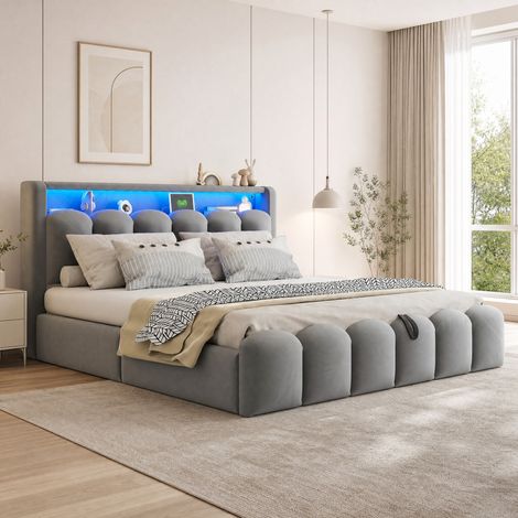 Letto matrimoniale 180x200 cm grigio in velluto con contenitore idraulico, LED e porte USB Type-C (1/5)