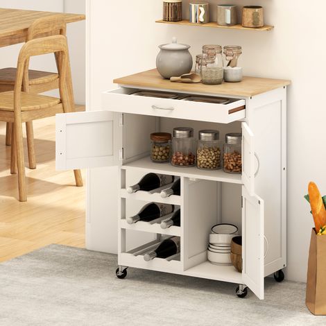 Desserte de cuisine multi rangements 2 placards tiroir casier 9 bouteilles MDF blanc plateau bois caoutchouc (1/5)