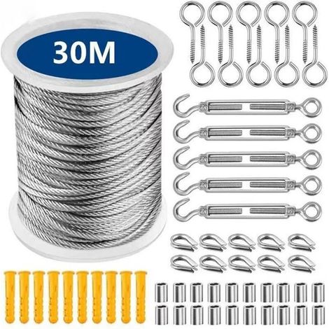 Câble Acier Inoxydable 30M, Corde Suspendue pour Linge Extérieur, Kit Garde-Corps Métallique (1/4)